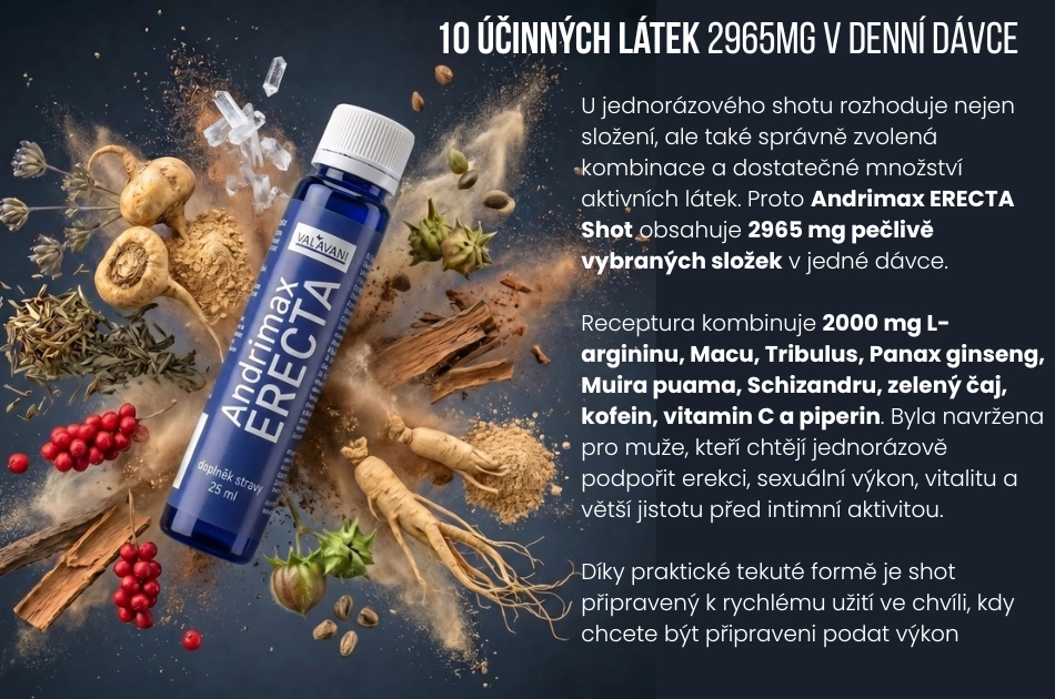 10 účinných látek 2965mg v denní dávce U jednorázového shotu rozhoduje nejen složení, ale také správně zvolená kombinace a dostatečné množství aktivních látek
