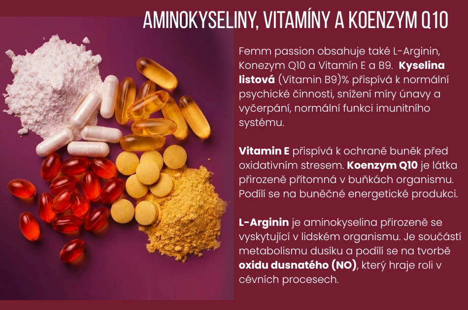 Femm passion obsahuje také L-Arginin, Konezym Q10 a Vitamín E a B9