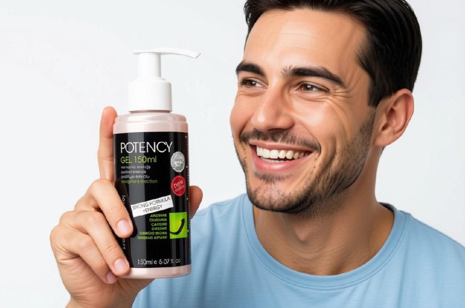 smějící se muž drří v ruce Lovely Lovers POTENCY Gel STRONG FORMULA + ENERGY 150ml