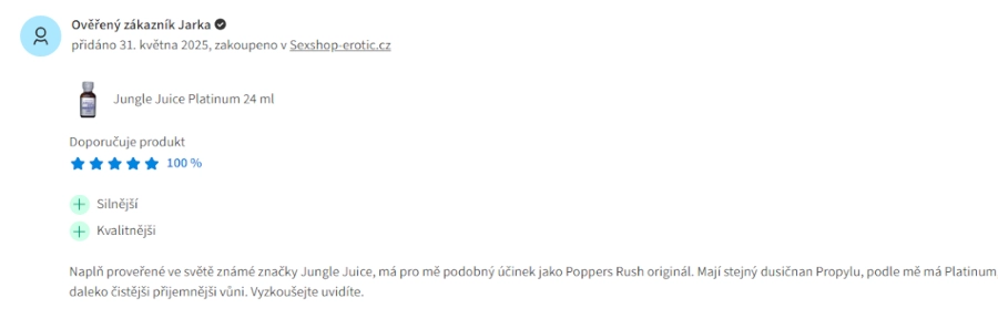 Recenze Poppers Jungle Juice Platinum Jak hodnotili naši zákaznici