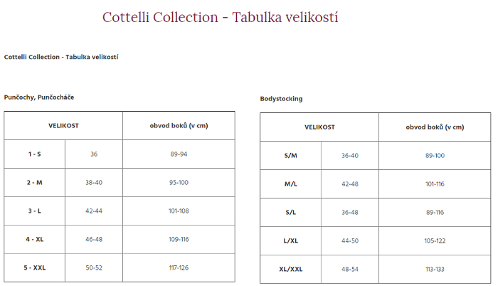 tabulka velikosti cottelli collection