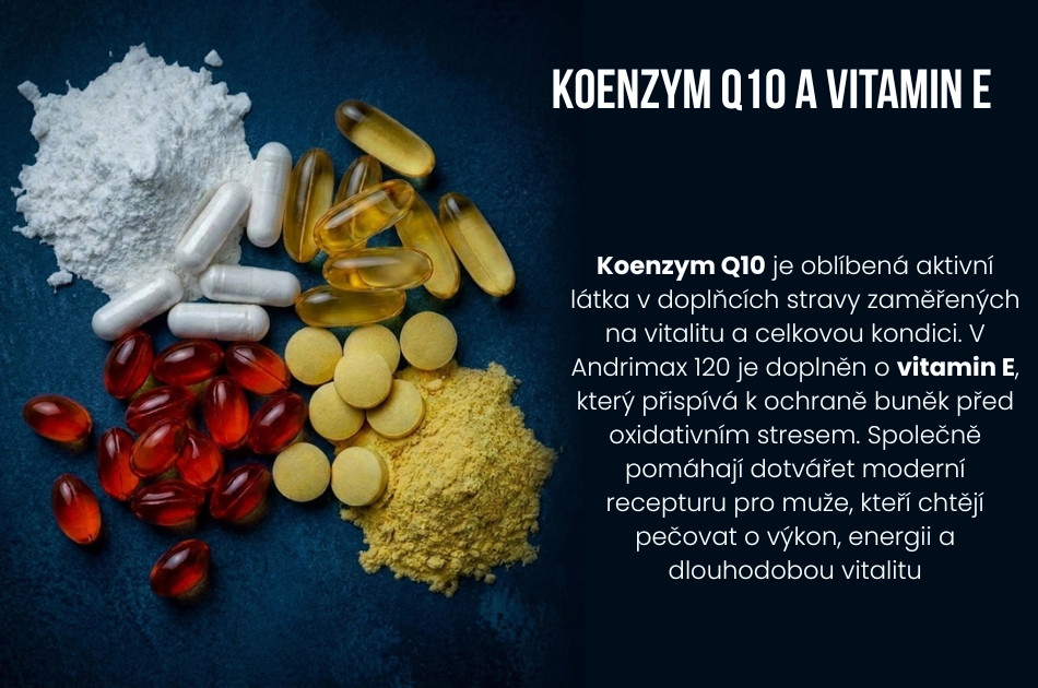 Koenzym Q10 a vitamin E Společně pomáhají dotvářet recepturu pro muže, kteří chtějí pečovat o výkon, energii a vitalitu